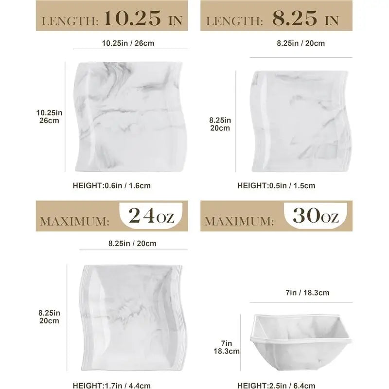 16 Piece Ivory Square Plates and Bowls Set, Unique Design