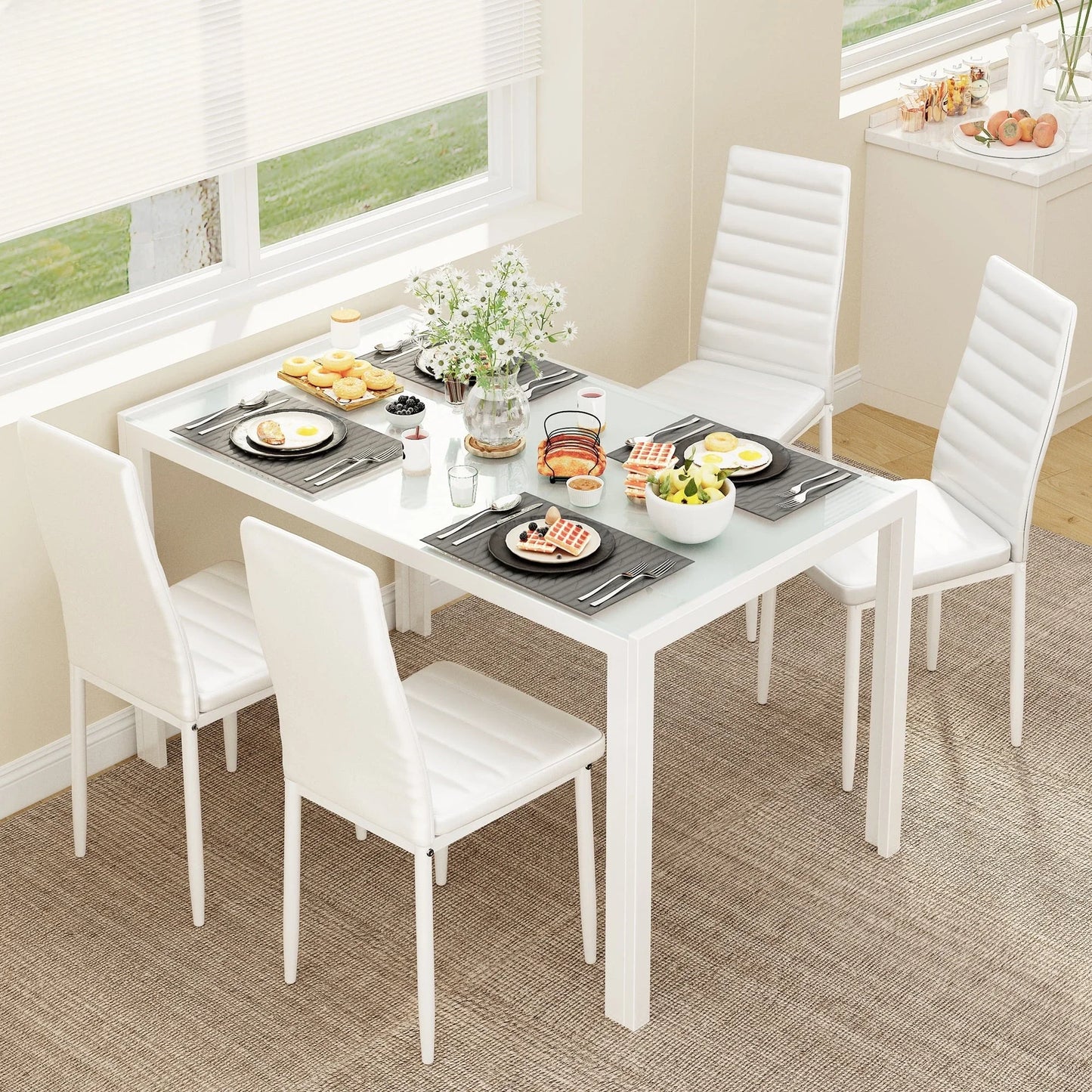 5 Piece Glass Dining Table Set for 4, PU Leather Chairs, Black or White