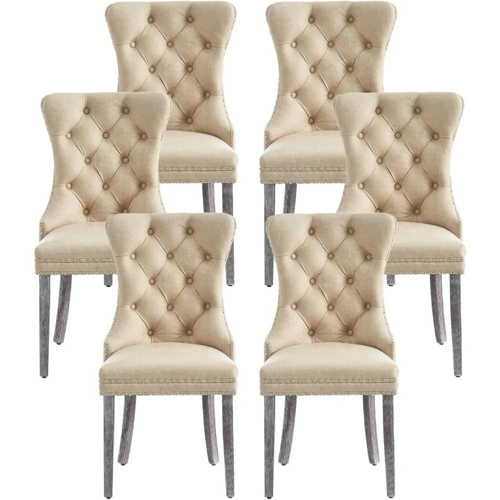 Leather Dining Chairs Set of 6, Luxury Wingback Upholstered Dining Chairs with Nailhead Trim and Solid Wood Legs, 10 Color Choices
