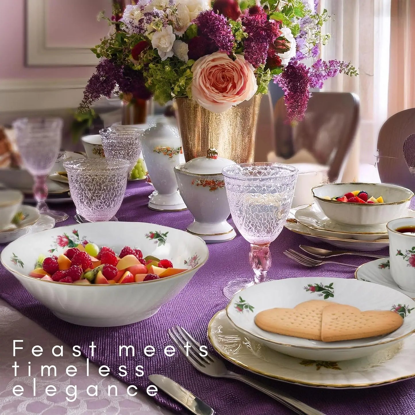 45 - Piece Vintage Rose Dinnerware Set - 24K Gold Trim, Embossed Floral Swirl