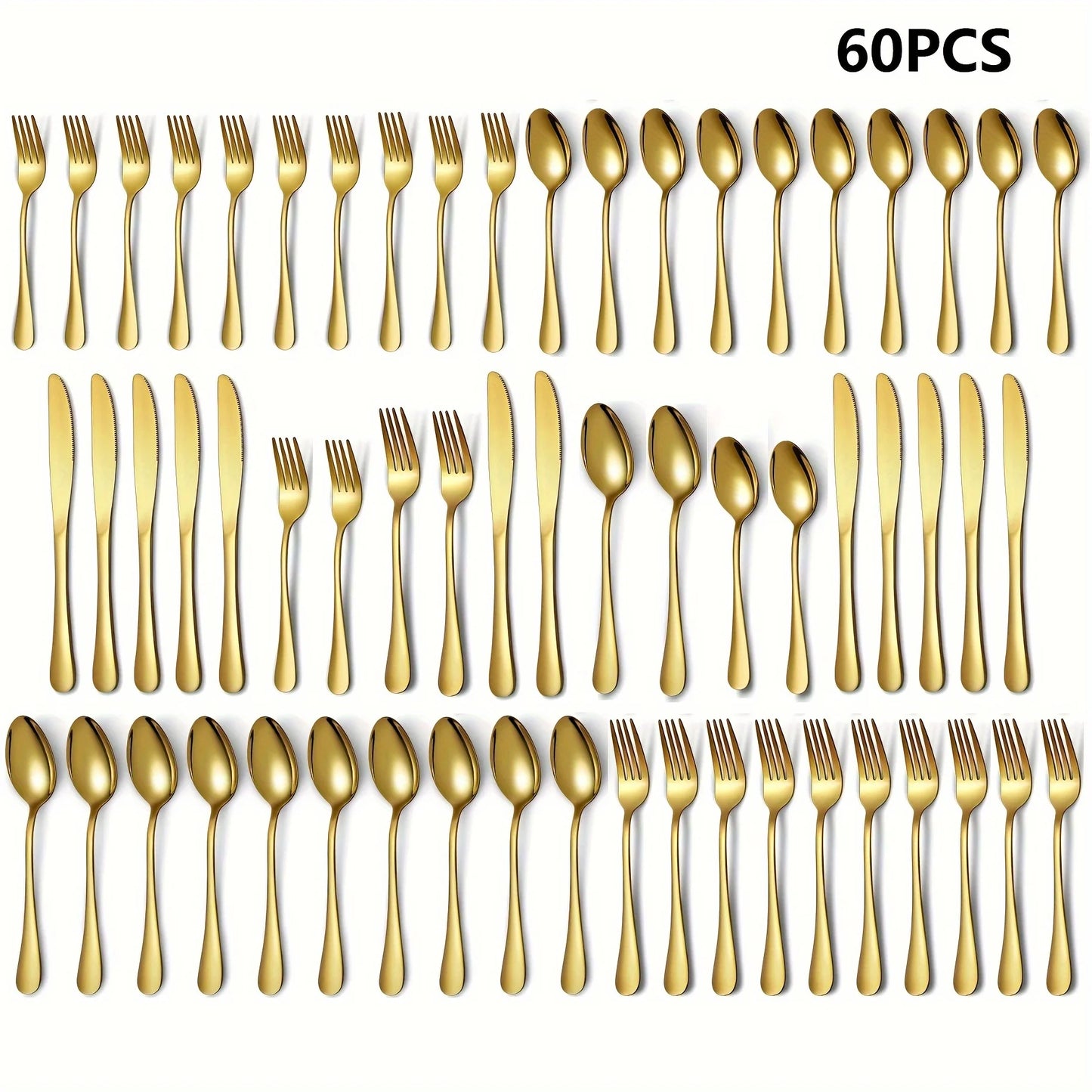 60pcs, Stainless Steel Flatware Set - Black, Mirror Polished Cutlery Set, Dishwasher Safe, also comes in silver and gold