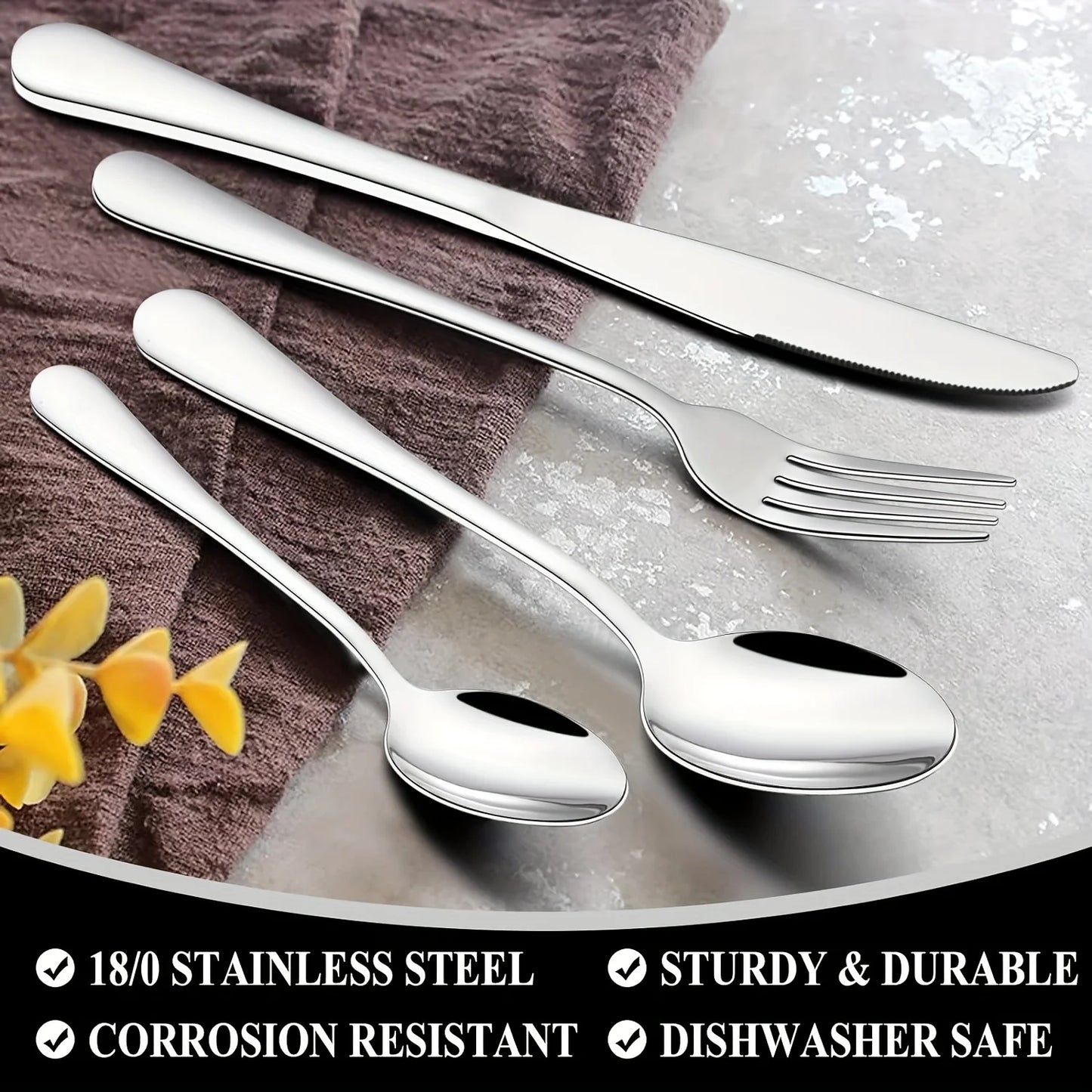 60pcs, Stainless Steel Flatware Set - Black, Mirror Polished Cutlery Set, Dishwasher Safe, also comes in silver and gold