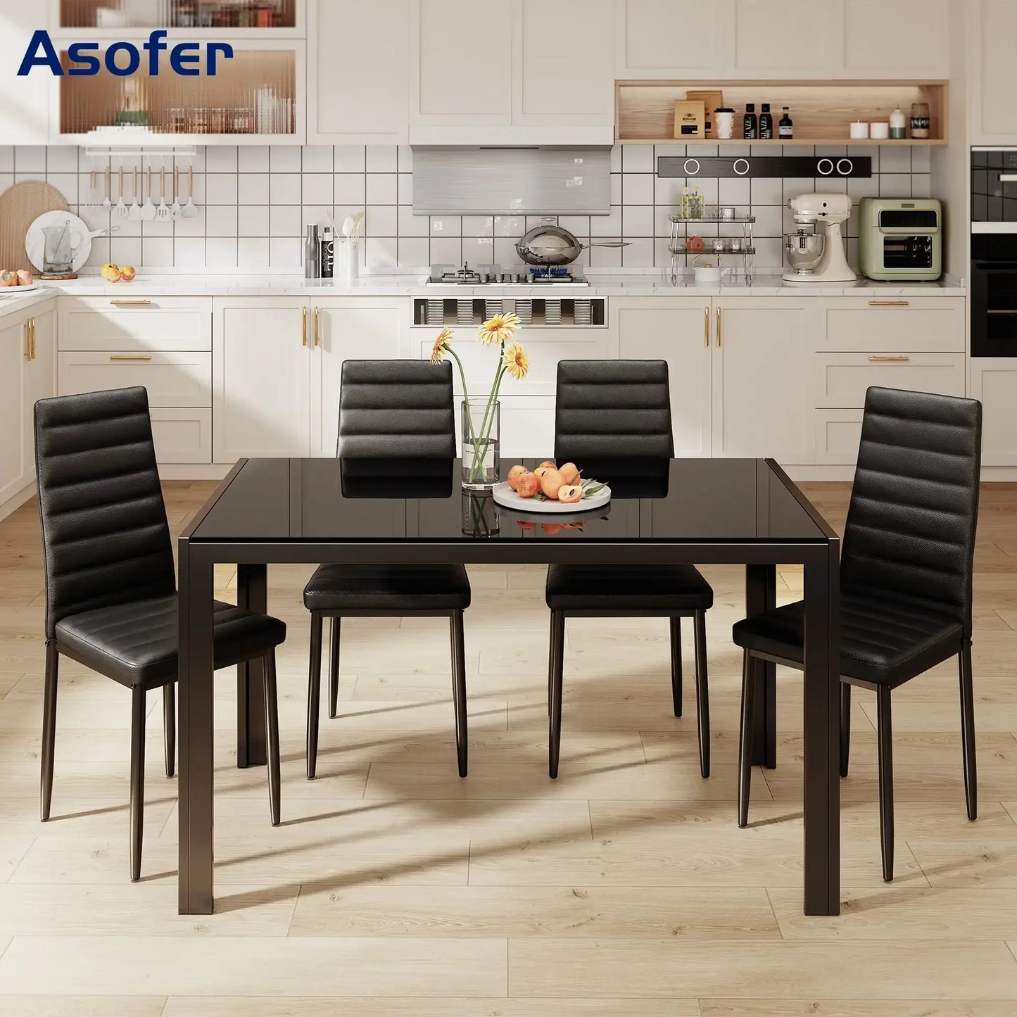 5 Piece Glass Dining Table Set for 4, PU Leather Chairs, Black or White