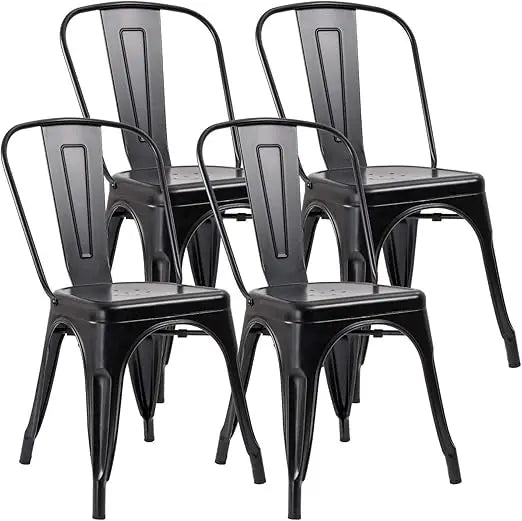 Metal Dining Chair - Set of Four Stackable Indoor Outdoor Industrial Vintage Chairs, Black