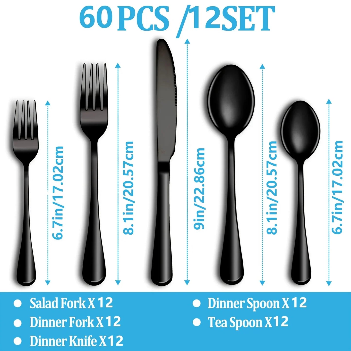 60pc Black Silverware Set For 12: Stainless Steel Flatware Set, Tableware,Dishwasher Safe