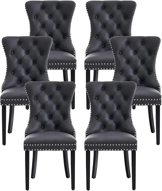 Leather Dining Chairs Set of 6, Luxury Wingback Upholstered Dining Chairs with Nailhead Trim and Solid Wood Legs, 10 Color Choices