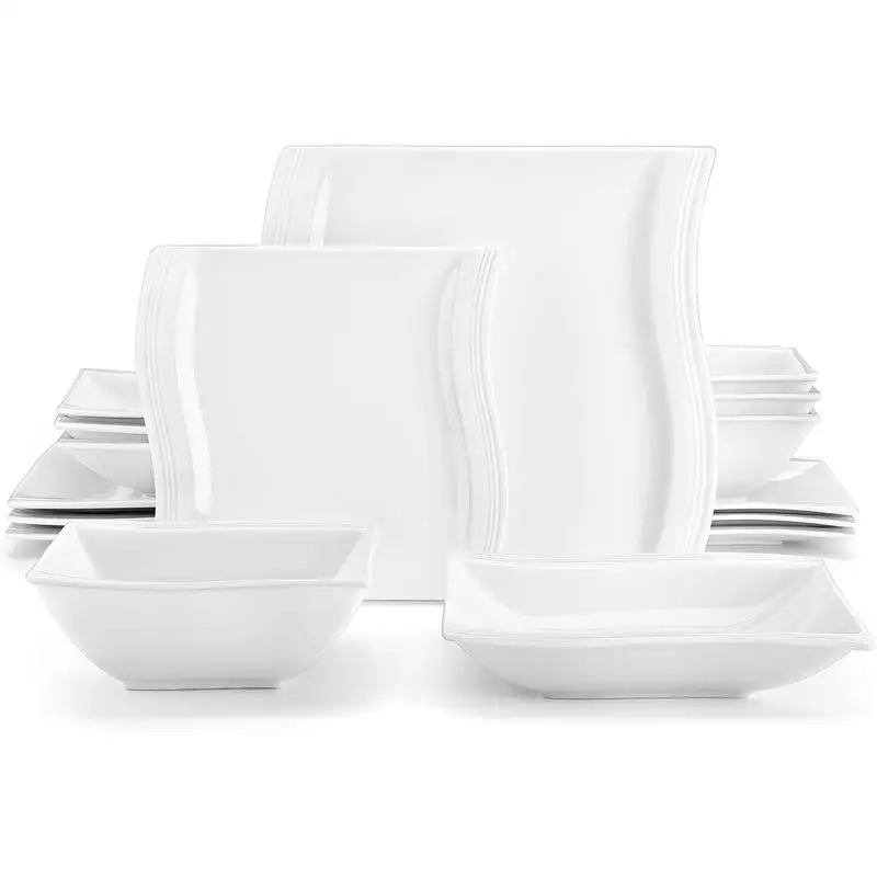 16 Piece Ivory Square Plates and Bowls Set, Unique Design
