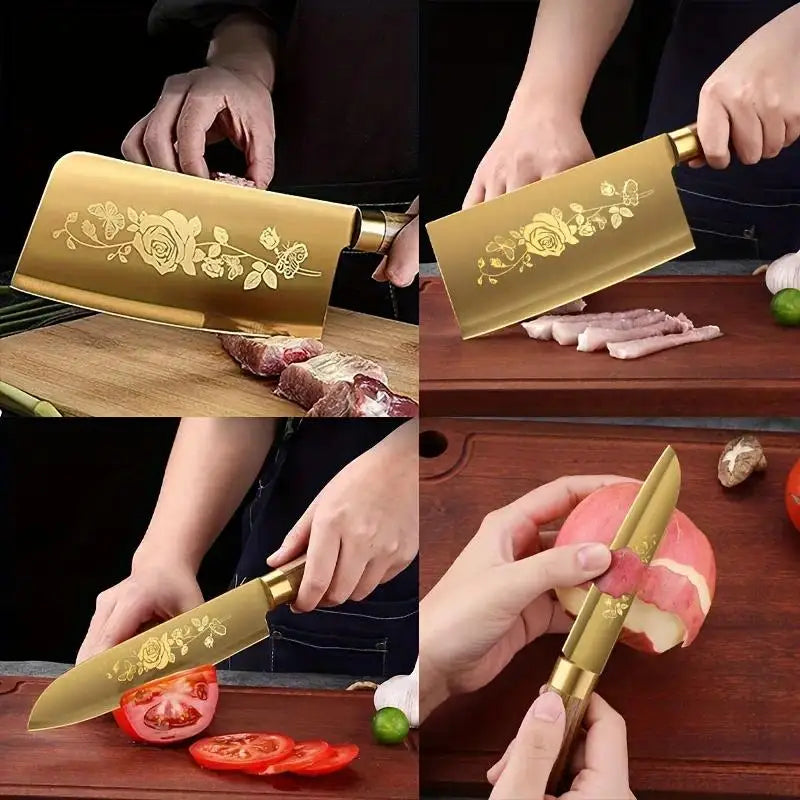 4-Piece Titanium-Coated Kitchen Knife Set - Sharp, Durable, Perfect for Cutting Meat and Bones, Commercial kitchen and Home Cooks