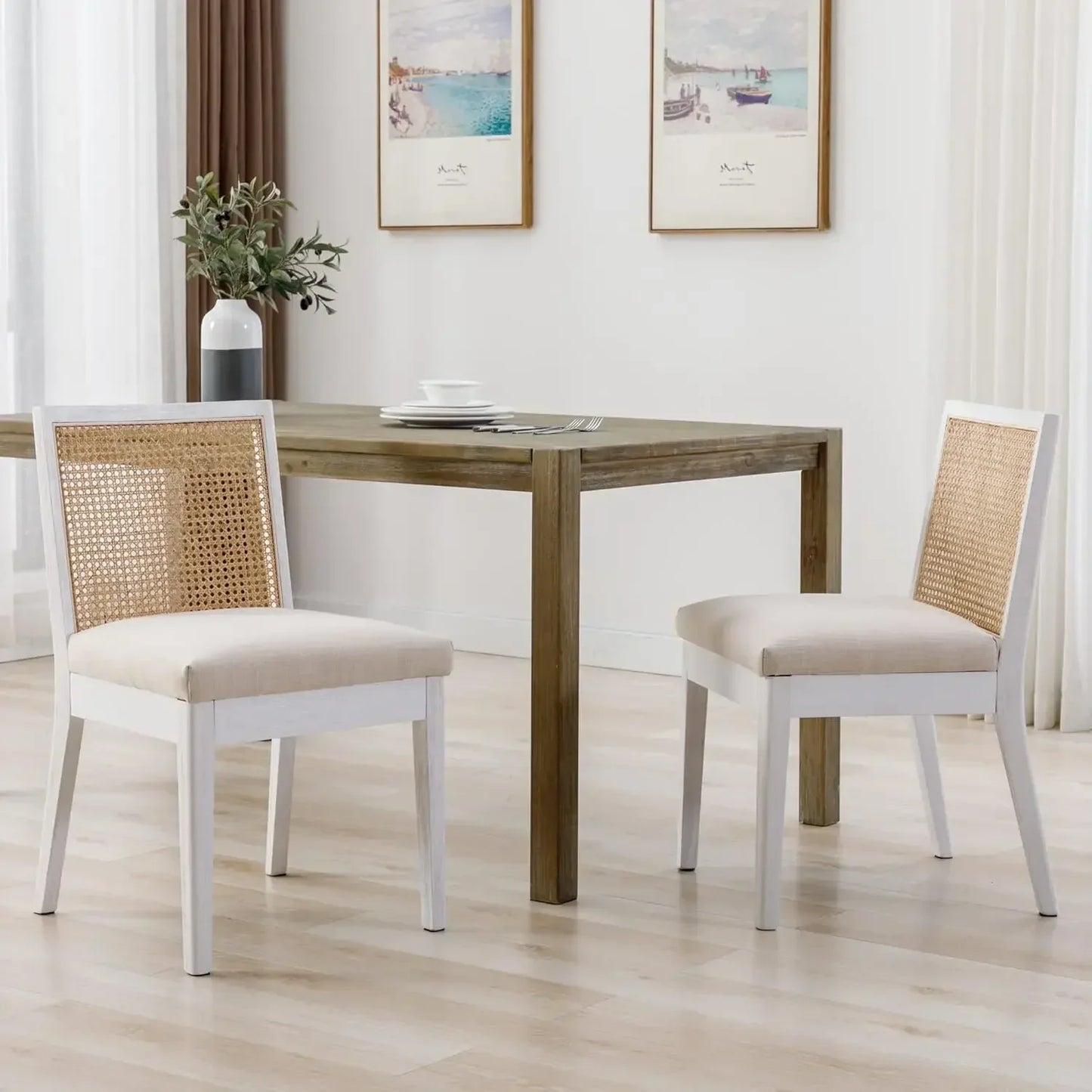 Upholstered Natural Wood Rectangle Cane Country Farmhouse Rattan Dining Chairs - Set of 6
