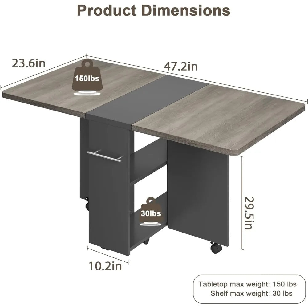 Space Saving Folding Dining Table with 2 Tier Storage-Extendable Drop Leaf