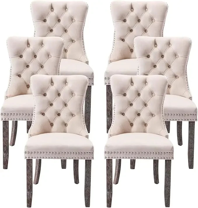 Leather Dining Chairs Set of 6, Luxury Wingback Upholstered Dining Chairs with Nailhead Trim and Solid Wood Legs, 10 Color Choices