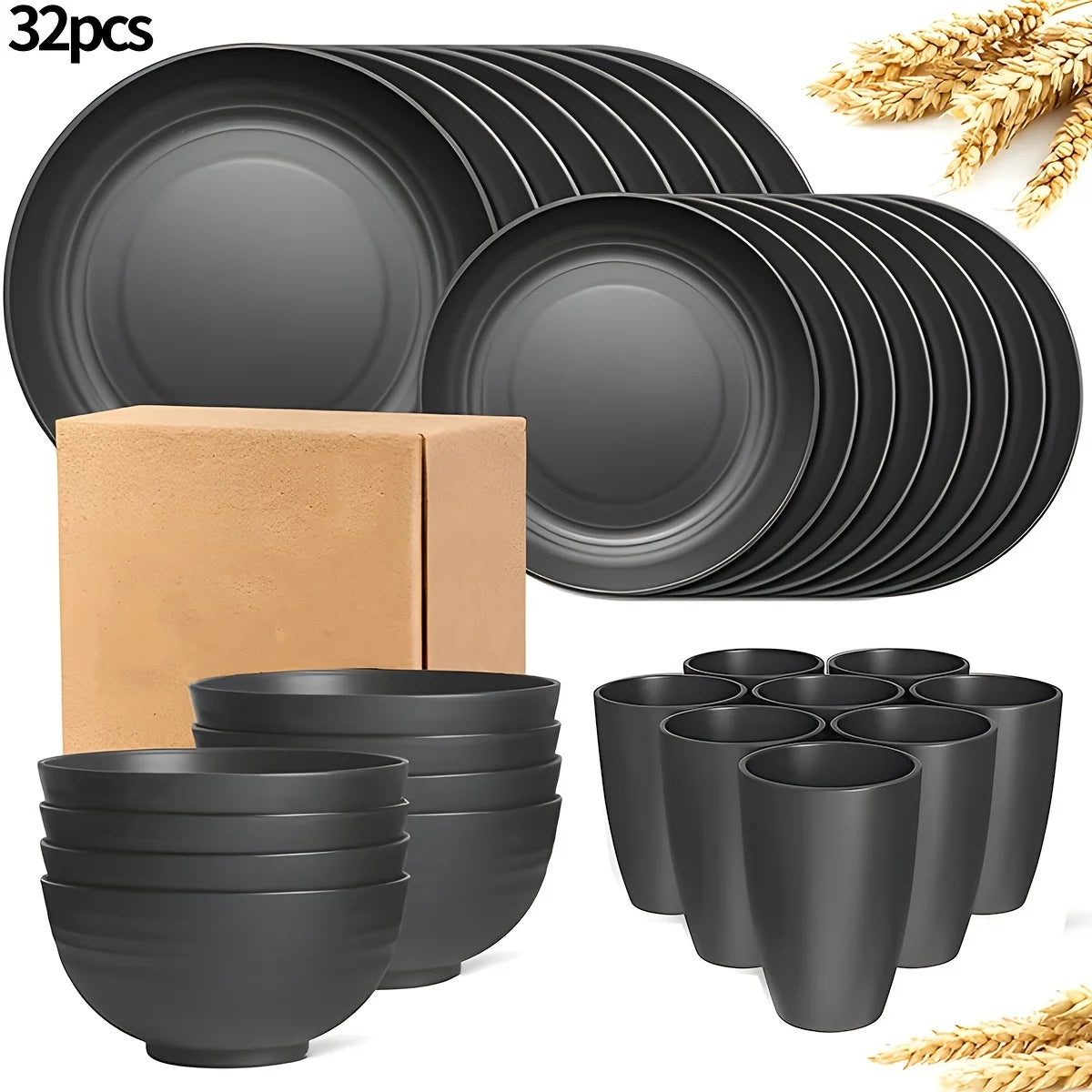 16/32pcs Tableware Set, Include Plates, Bowls Cups. Black