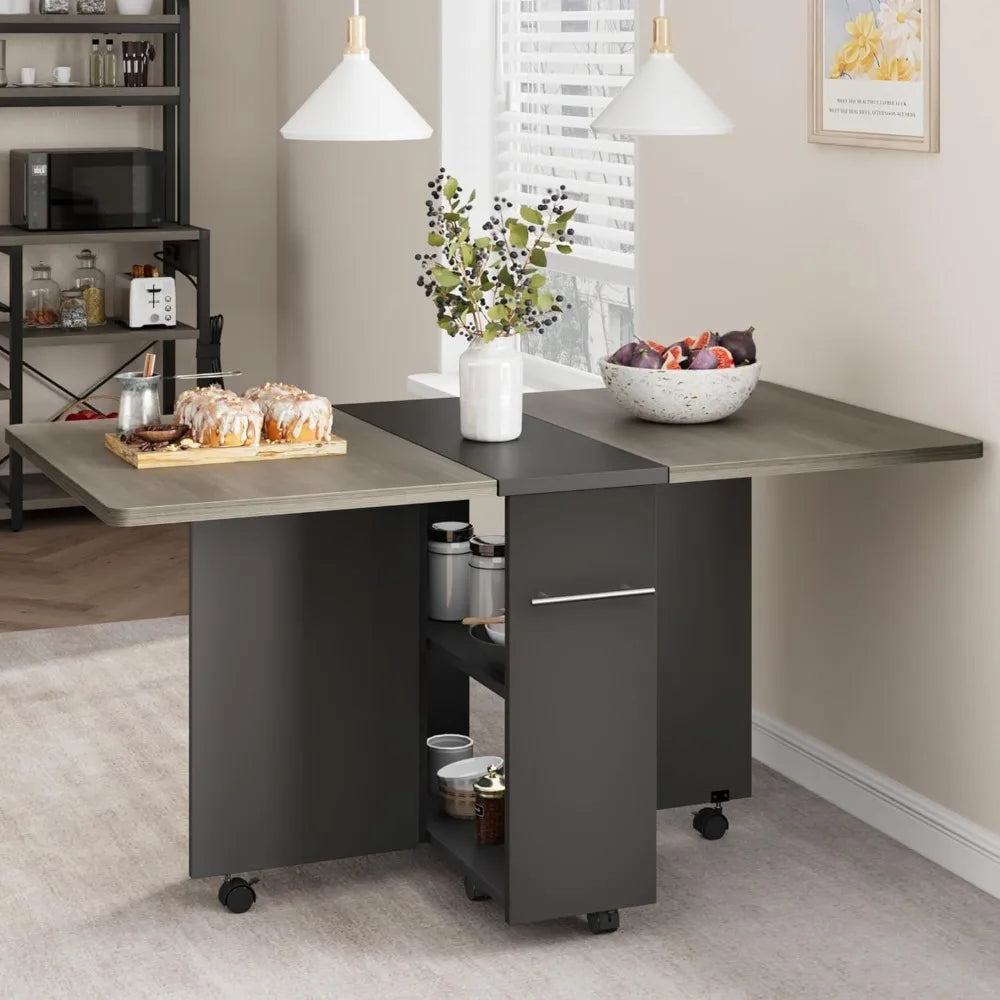 Space Saving Folding Dining Table with 2 Tier Storage-Extendable Drop Leaf