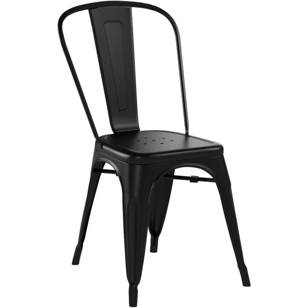 Metal Dining Chair - Set of Four Stackable Indoor Outdoor Industrial Vintage Chairs, Black
