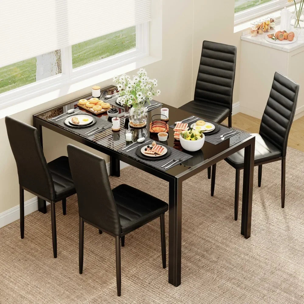 5 Piece Glass Dining Table Set for 4, PU Leather Chairs, Black or White