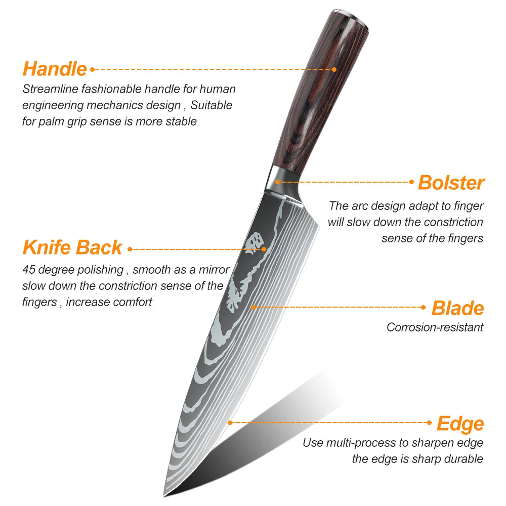 8 Piece Kitchen Knife Set: Damascus Stainless Steel, Chef, Slicing, Meat Cleaver, Utility, Paring, Bread Knife