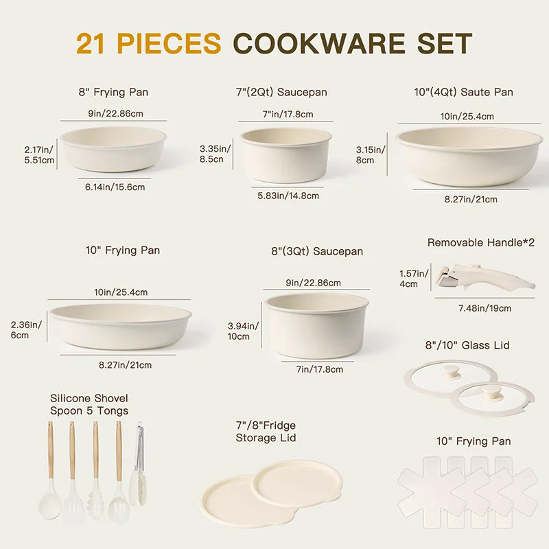 21 Piece Pots and Pans Set: Non-Stick, Ceramic Cookware Set with Sensor Handles, Milky white