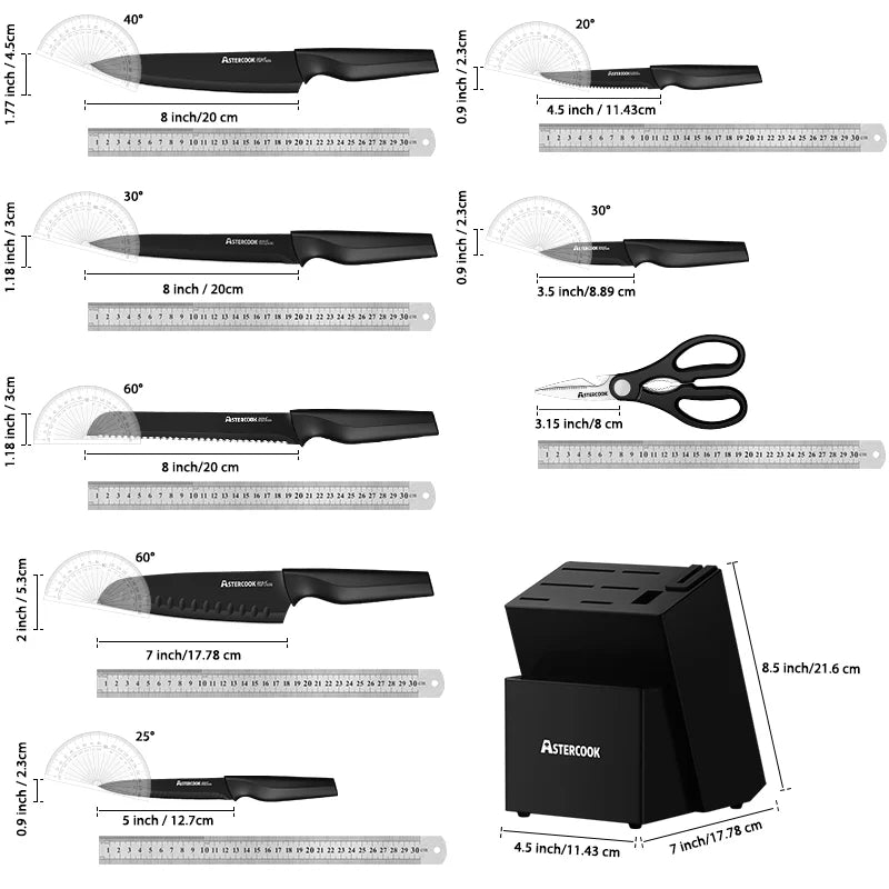 15 Pieces German Stainless Steel Set with Built-in Sharpener Block, Dishwasher Safe