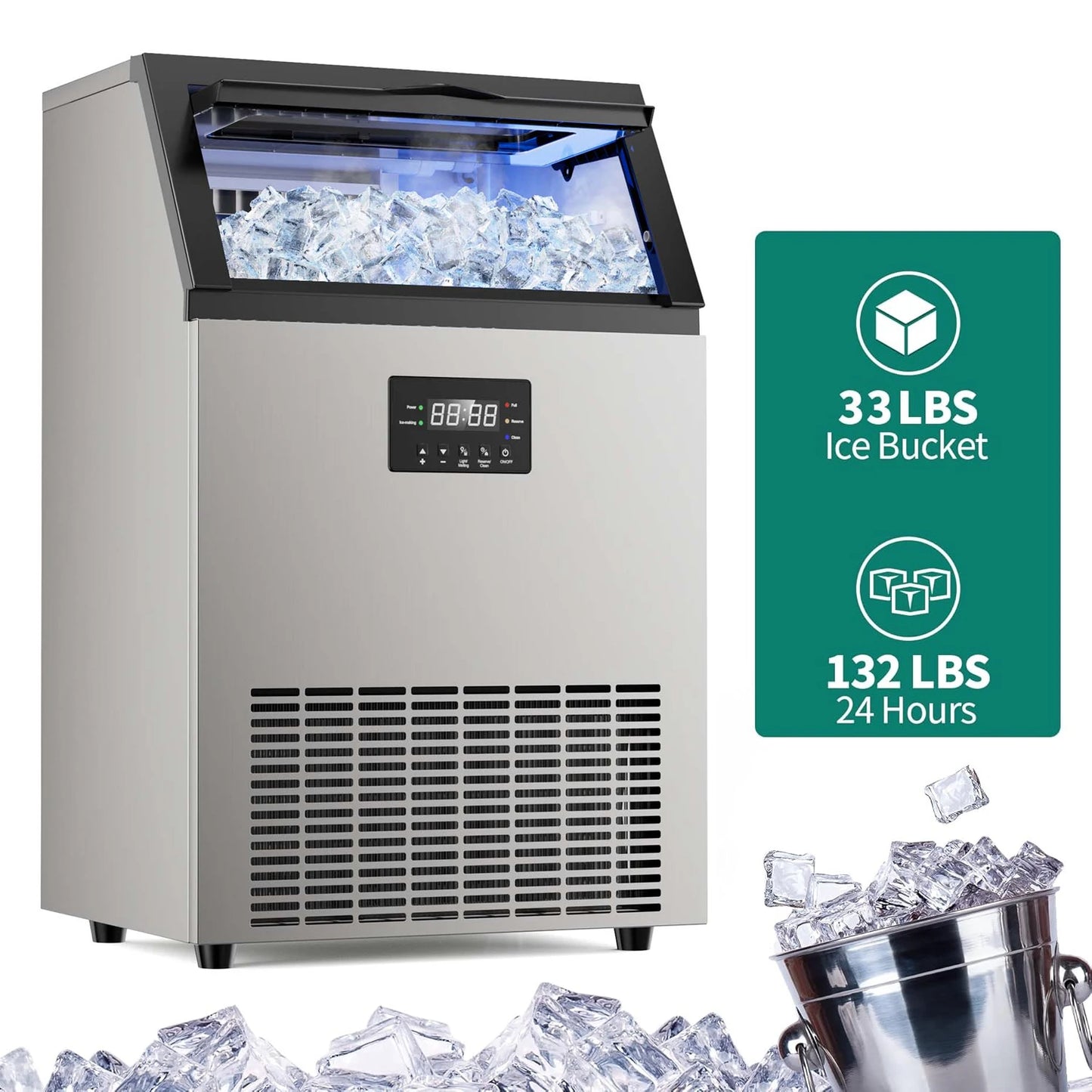 Under Counter Ice Maker with 34LBS Ice Bin, Freestanding Machine for Home Cafe