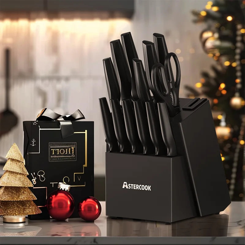 15 Pieces German Stainless Steel Set with Built-in Sharpener Block, Dishwasher Safe
