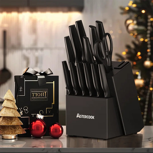 15 Pieces German Stainless Steel Set with Built-in Sharpener Block, Dishwasher Safe