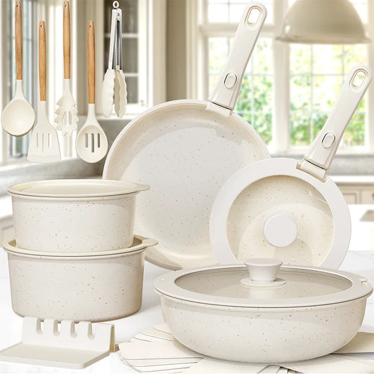 21 Piece Pots and Pans Set: Non-Stick, Ceramic Cookware Set with Sensor Handles, Milky white