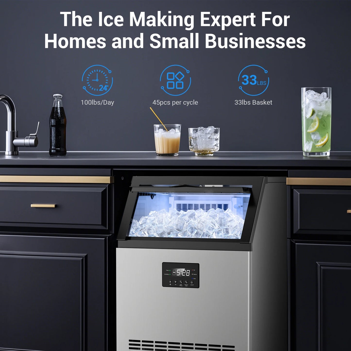 Under Counter Ice Maker with 34LBS Ice Bin, Freestanding Machine for Home Cafe