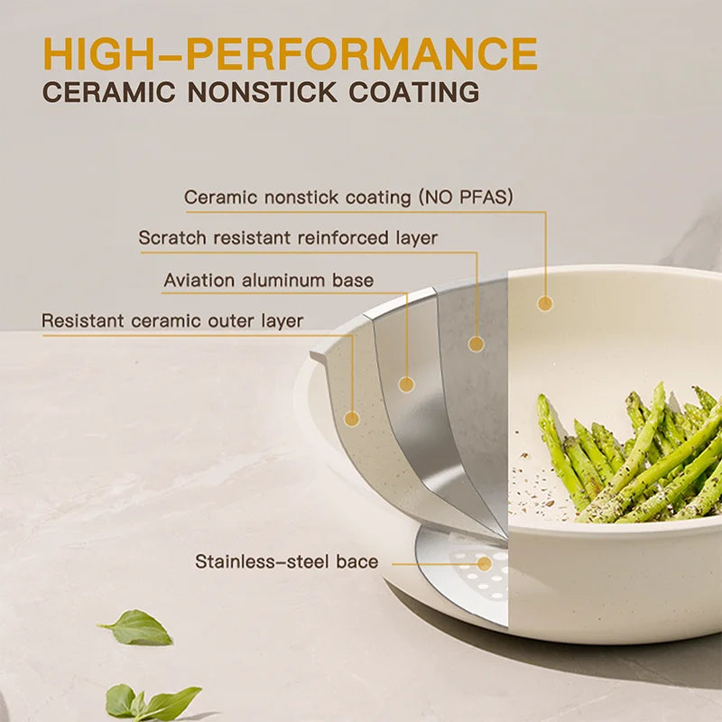 21 Piece Pots and Pans Set: Non-Stick, Ceramic Cookware Set with Sensor Handles, Milky white