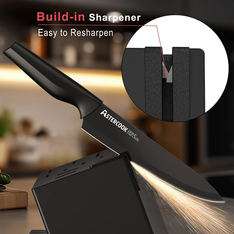 15 Pieces German Stainless Steel Set with Built-in Sharpener Block, Dishwasher Safe