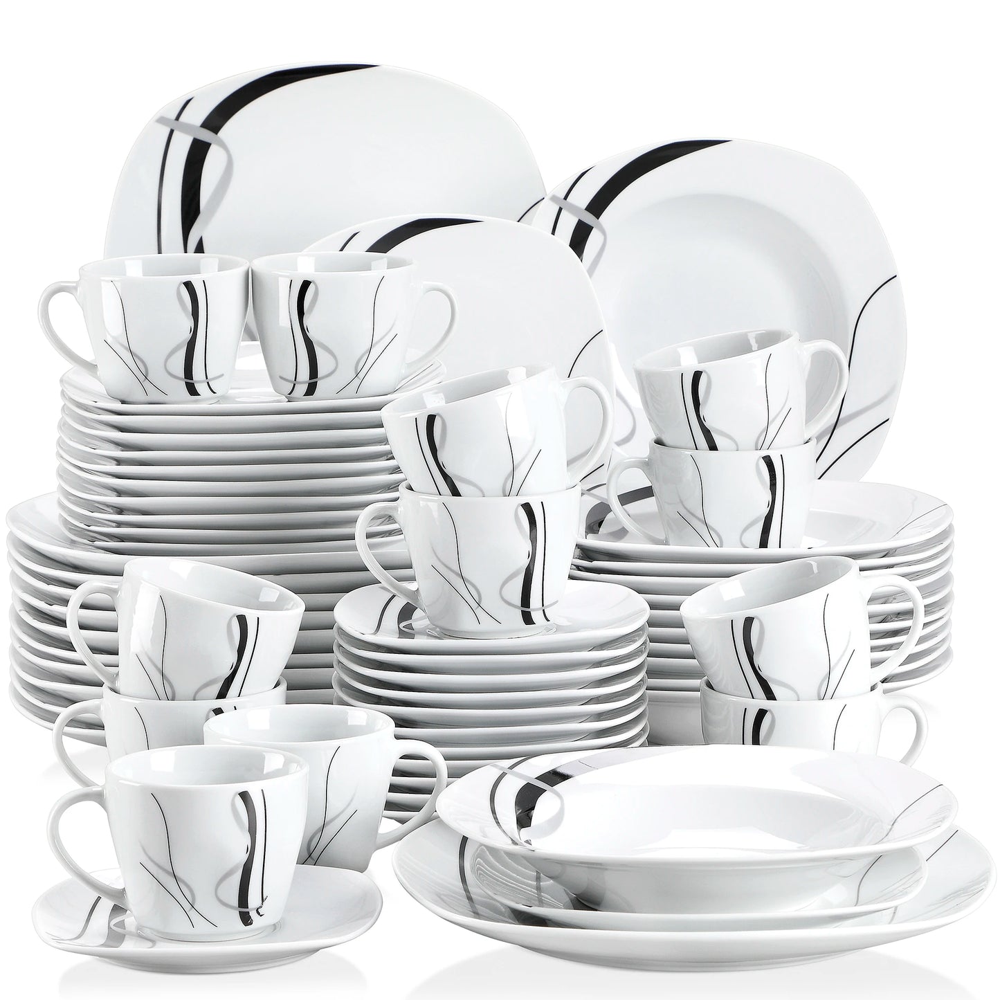 30/60 Piece Black Porcelain Tableware Set with Dessert Plates/Soup Plates/Dinner Plates/Cups/Saucers