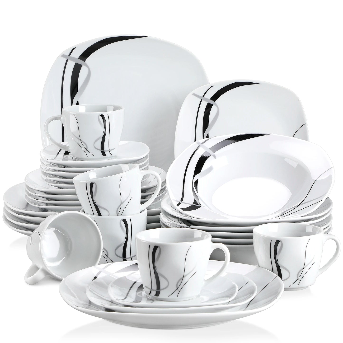 30/60 Piece Black Porcelain Tableware Set with Dessert Plates/Soup Plates/Dinner Plates/Cups/Saucers