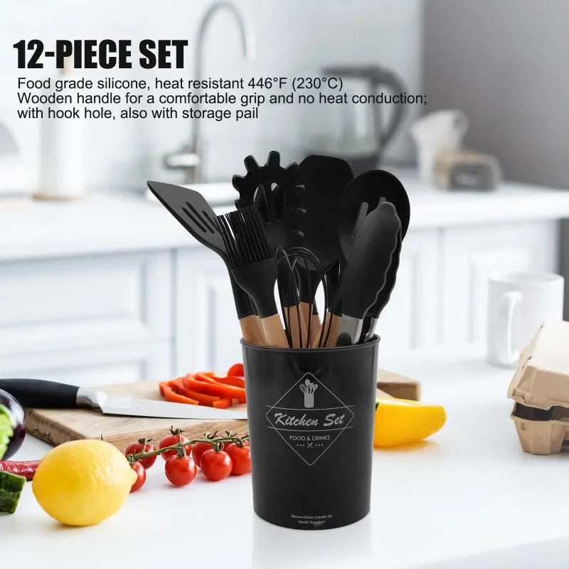 12 Silicone Kitchen Utensils with Solid Wood Handles, and a Holder Bucket - Multiple Color Options