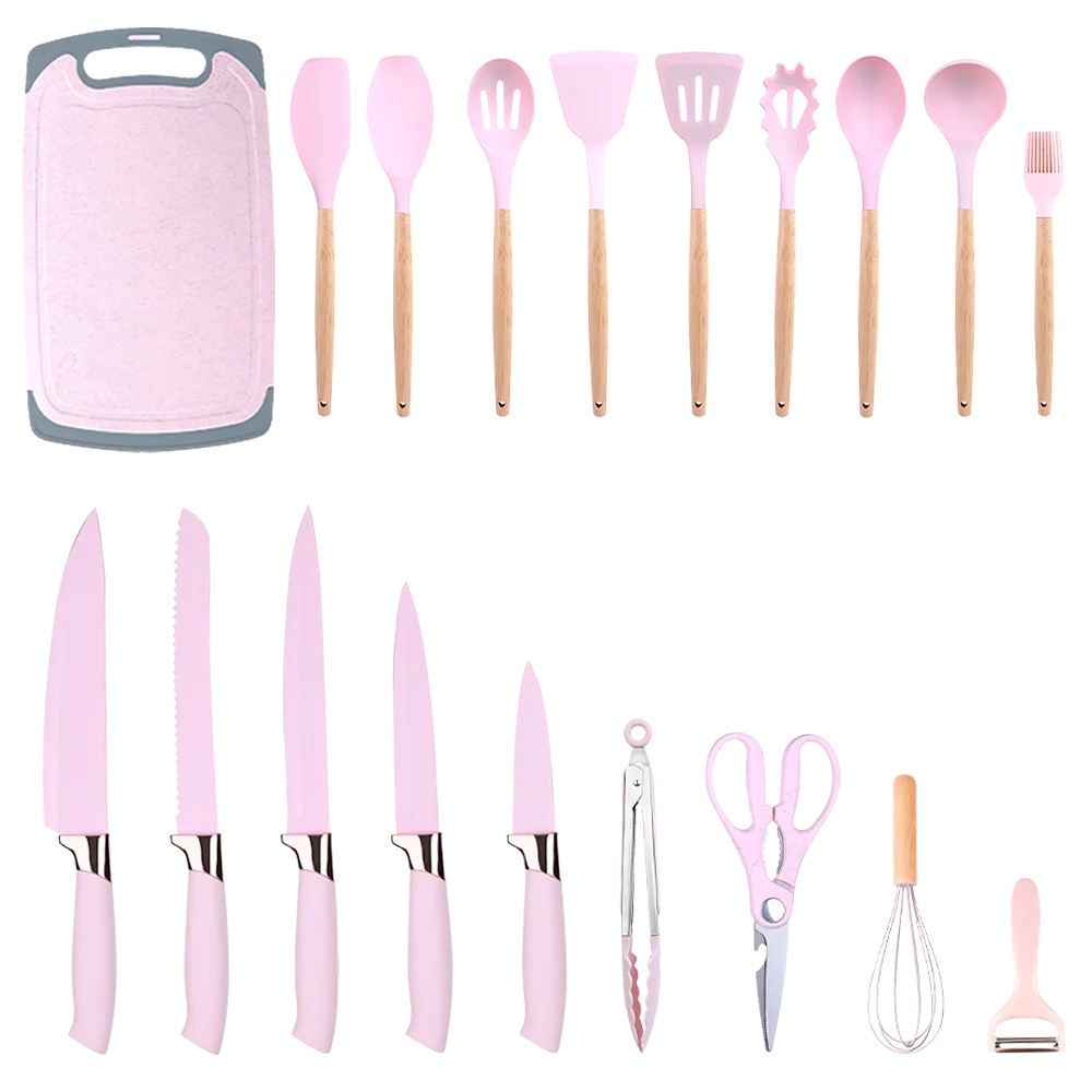 20 Piece Silicone Kitchen Set: 5 Knives, 9 Silicone Wooden Handle Tools, All Non Stick: Includes Tongs, Wisk, Scissors, Peeler