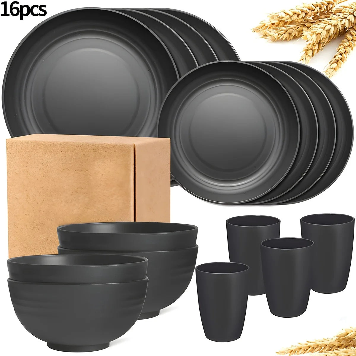 16/32pcs Tableware Set, Include Plates, Bowls Cups. Black