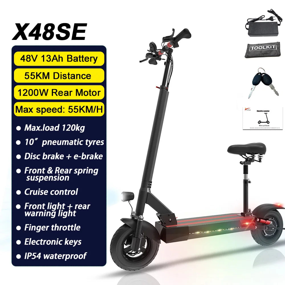 1200W-2500W Adult Electric Scooter: Up to 65km/h 80km 48V/52V Motor 10'' Pneumatic Tires Foldable