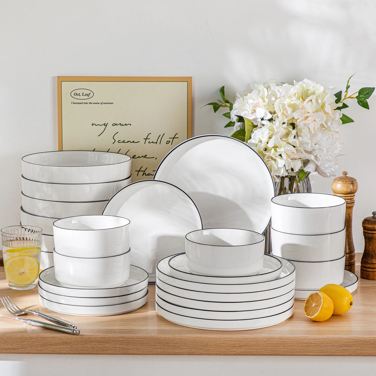12/16/18/24 Piece Dinner Plates Sets - Black Rim Half Standing Edge