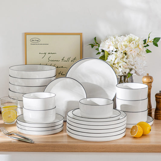 12/16/18/24 Piece Dinner Plates Sets - Black Rim Half Standing Edge