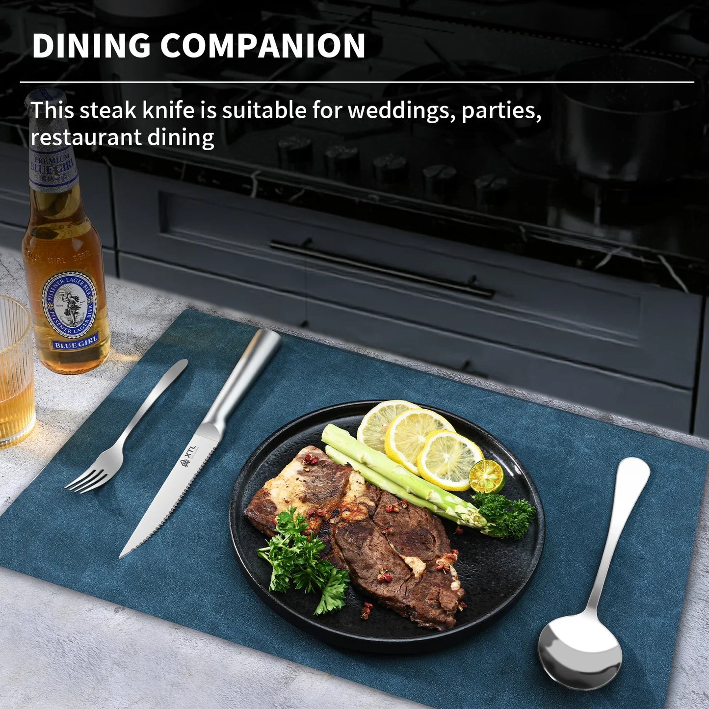 Steak Knife Set: Stainless Steel Kitchen Knives - One Piece, Handle to the Tip of the Blade