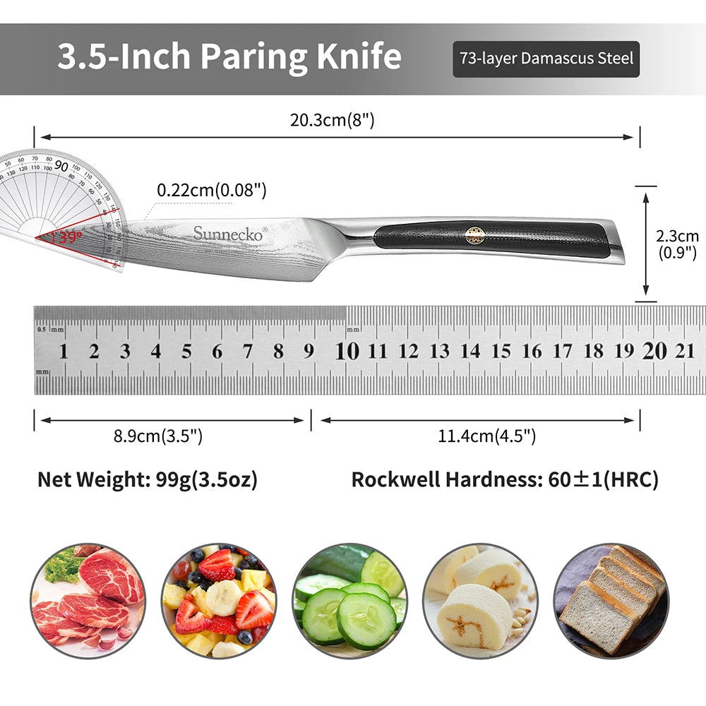 Sunnecko 3.5 Inch Fruit Paring Knife - 73 Layers VG10 Damascus Steel Chef's Peeling Knife