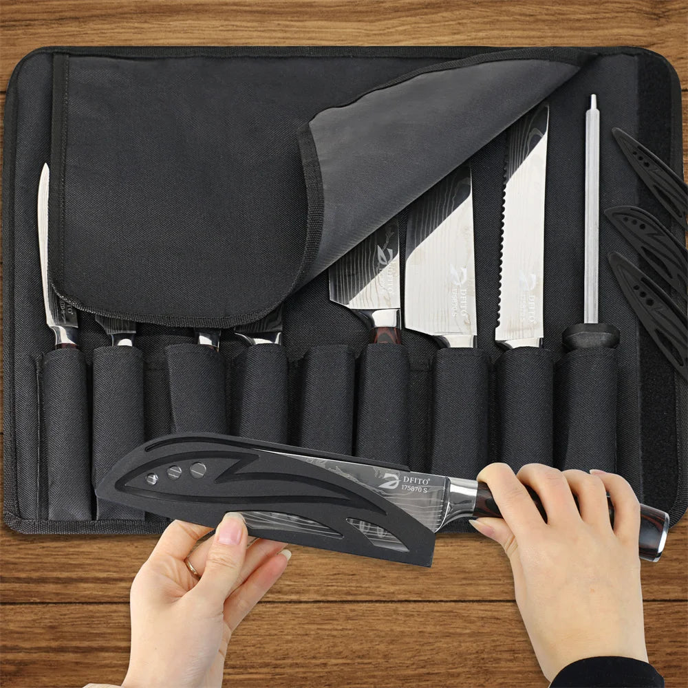 8 piece Kitchen Knives - Damascus Stainless Steel: Chef Knife, Utility, Paring, Boning, Cleaver, Slicing Santoku, Includes Professional Carrying Bag