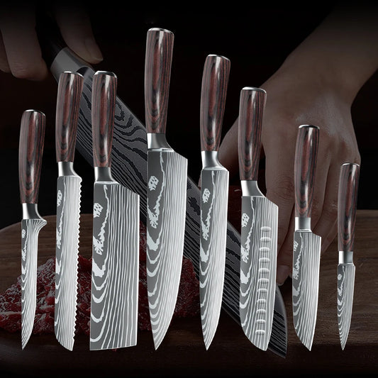 8 Piece Kitchen Knife Set: Damascus Stainless Steel, Chef, Slicing, Meat Cleaver, Utility, Paring, Bread Knife