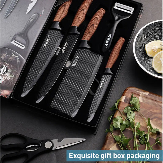 Stainless Steel Kitchen Knives Set with Non-stick Coating: Forged Kitchen Knife, Scissors, Vegetable Peeler, Slicer, Paring Knife; Sophisticated Diamond Pattern