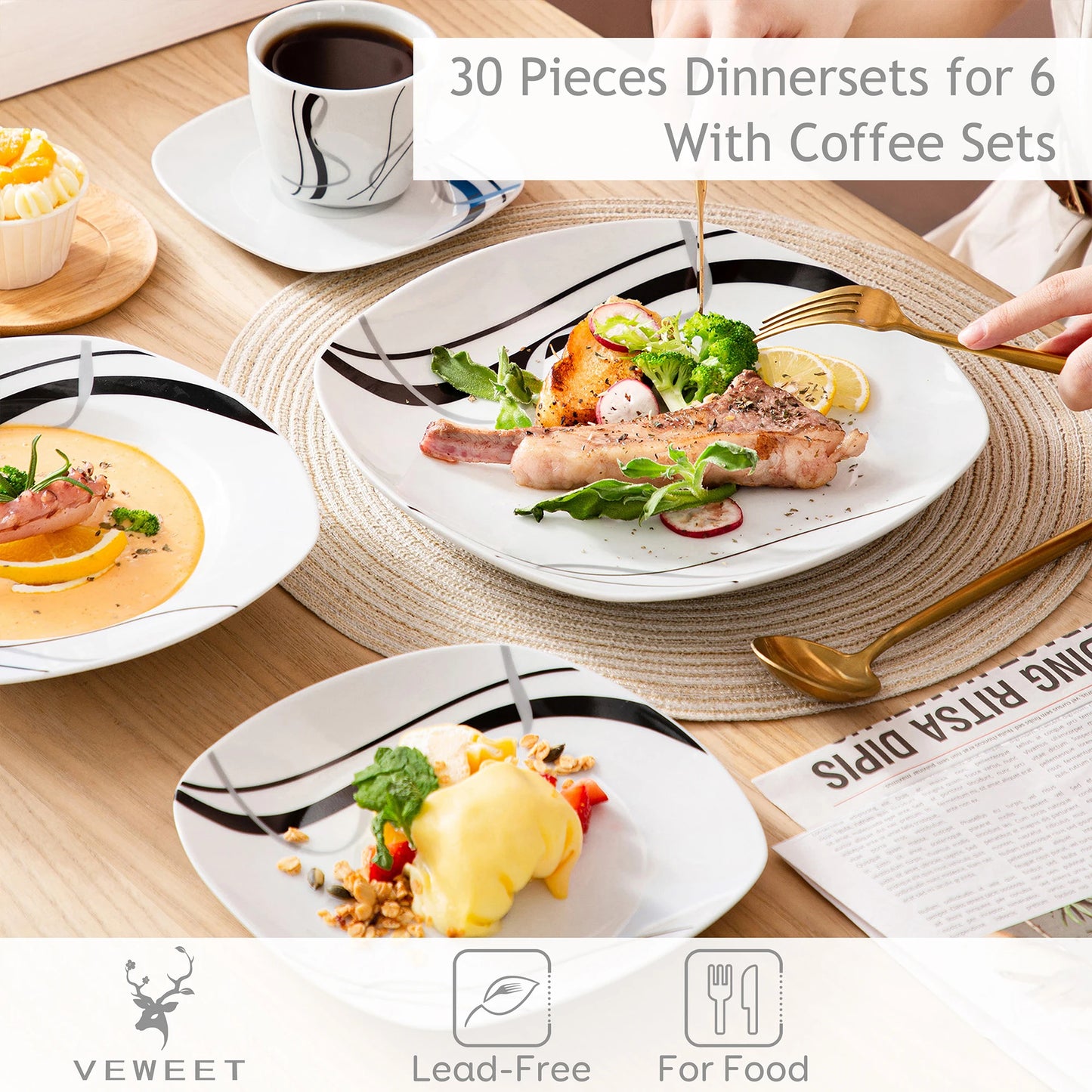 30/60 Piece Black Porcelain Tableware Set with Dessert Plates/Soup Plates/Dinner Plates/Cups/Saucers