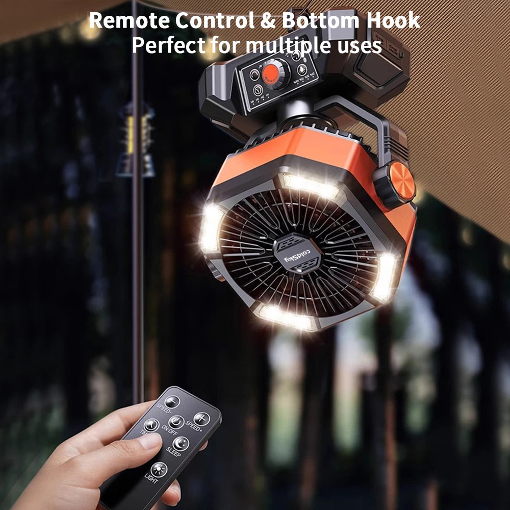 Outdoor Camping, Fishing etc., Fan with 4 LED Lantern, 8 Speeds, Auto-off Timer 20000mAh Battery