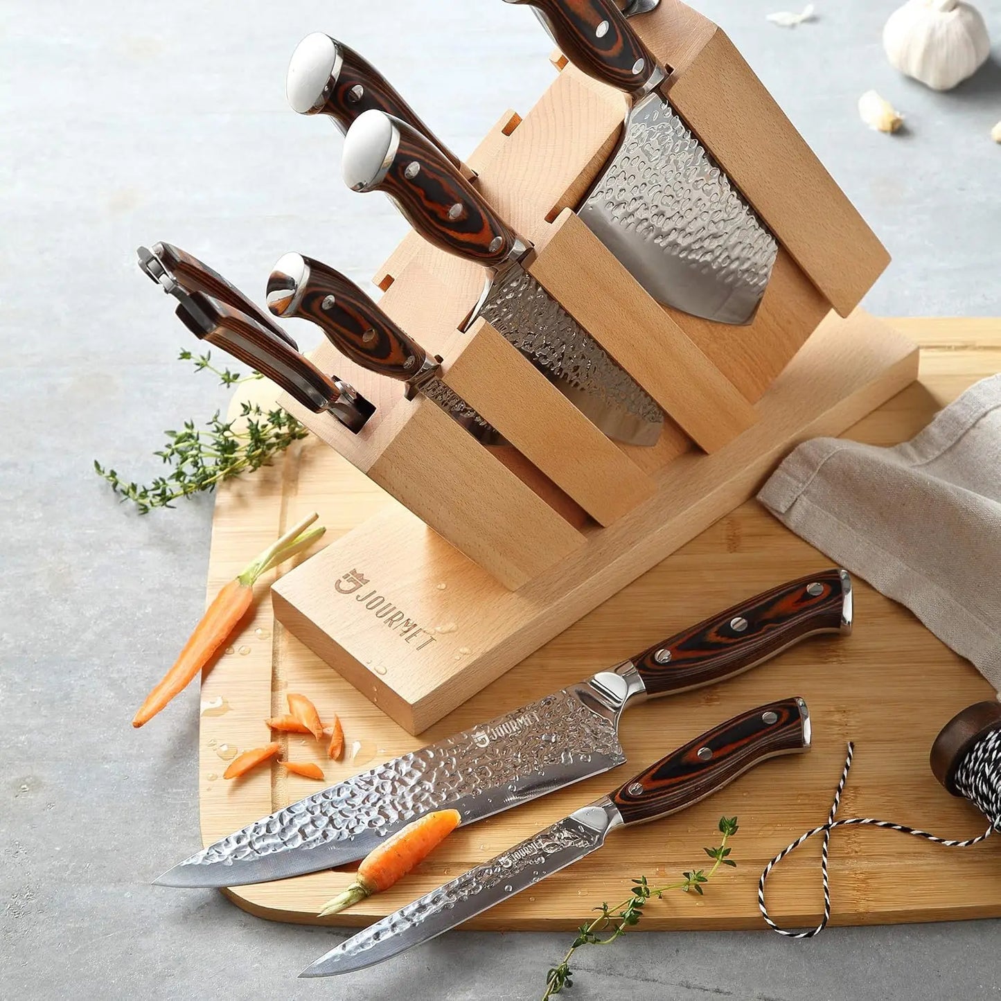 9pc High Carbon Damascus Stainless Steel Knife Set with Pakka Wood Handle and Beech Wood Block