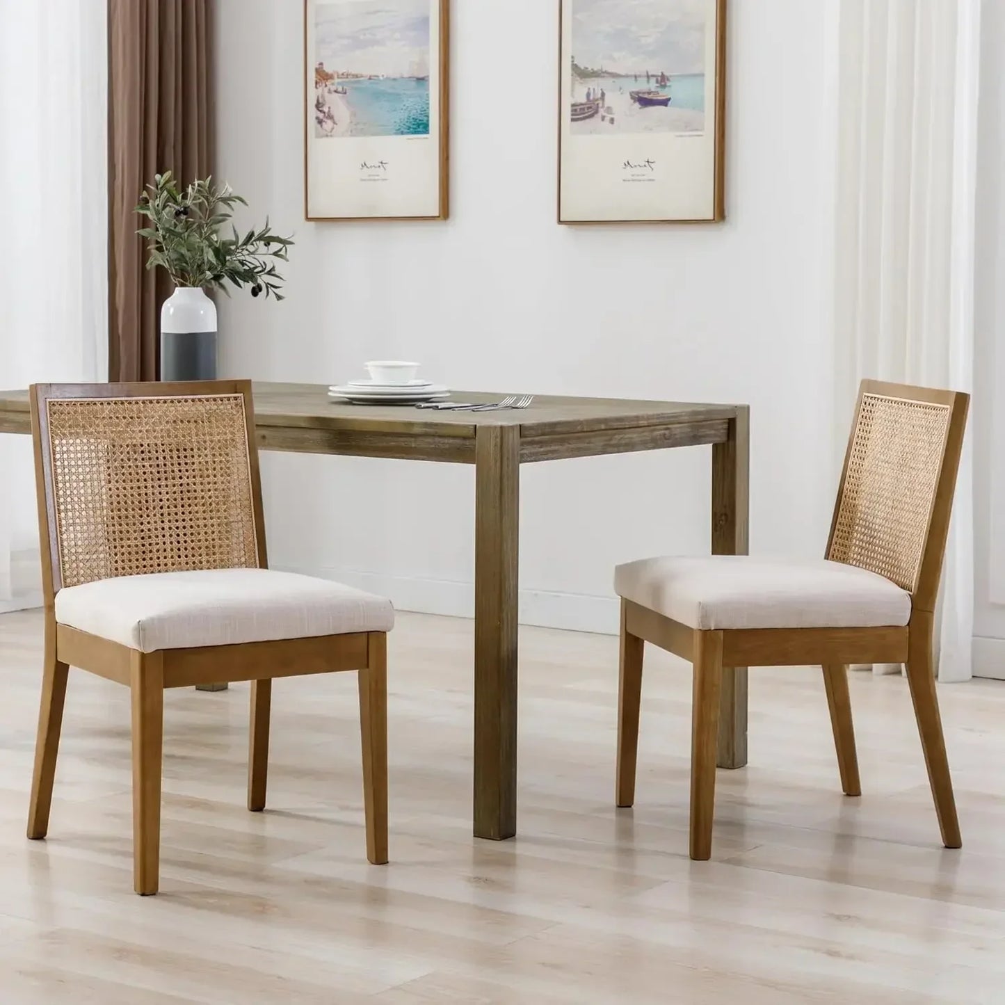 Upholstered Natural Wood Rectangle Cane Country Farmhouse Rattan Dining Chairs - Set of 6