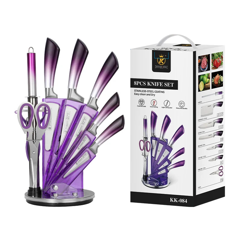 Beautiful Kitchen Knife Set: 9pc Stainless Steel Non-Stick Coated Chef Knives with Sharpener and Stand - 3 color choices