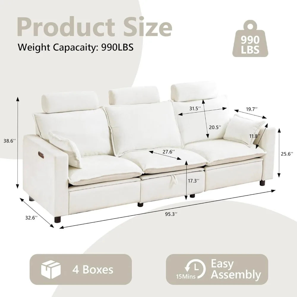 Oversized Power Reclining Sofa - Grey or Cream Cloud Chenille with Adjustable Headrest, Pillows & Hidden Storage