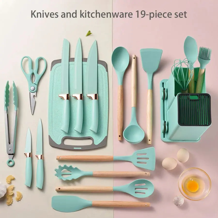 19 piece Silicone Kitchenware Set: Cooking Spoon, Shovel, Cutting Board, Fruit Knife, Chef Knife, Combination Set