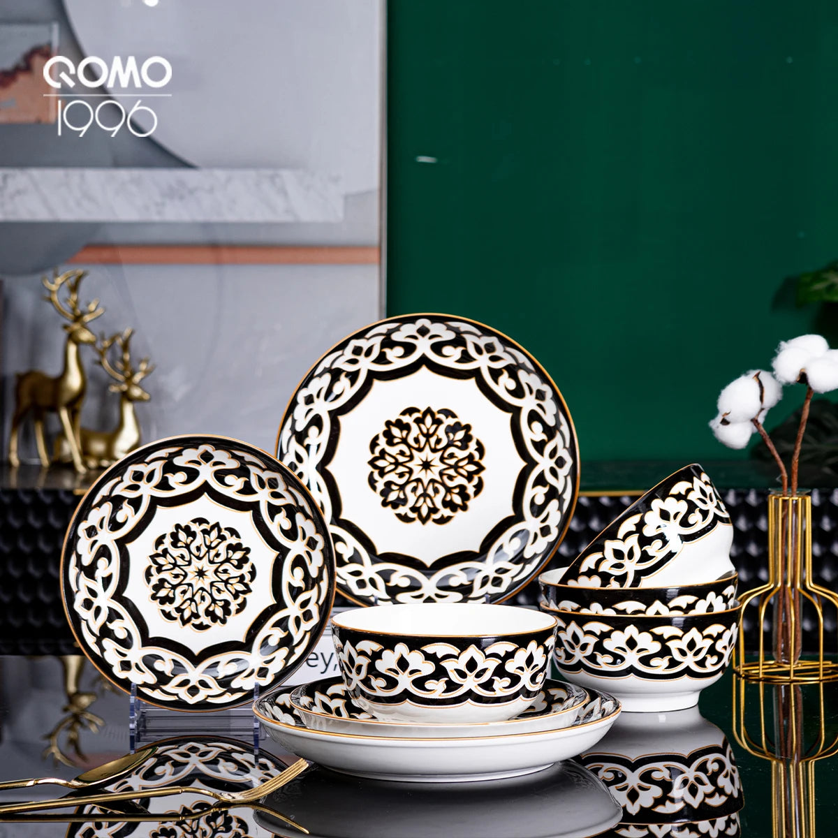 12/20/30/40 Piece Porcelain Tableware sets for 4/6/8 People - Combination Golden Border Floral Stamen Pattern, Glazed Craftsmanship